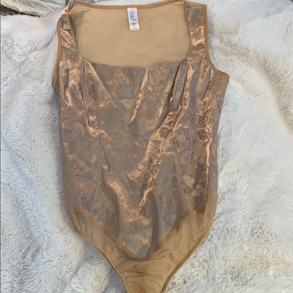 Elegant Sheer back, satin front floral design Bodysuit in Gold Small